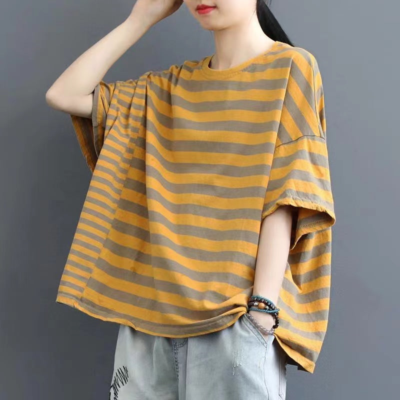 Loose Clashing Color Stripe Short Sleeve T-Shirt Top