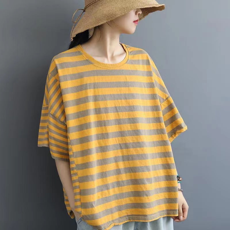 Loose Clashing Color Stripe Short Sleeve T-Shirt Top