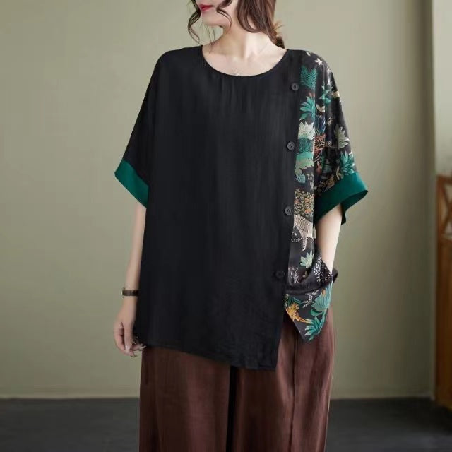 Loose Printed Spliced Short Sleeve T-Shirt Top