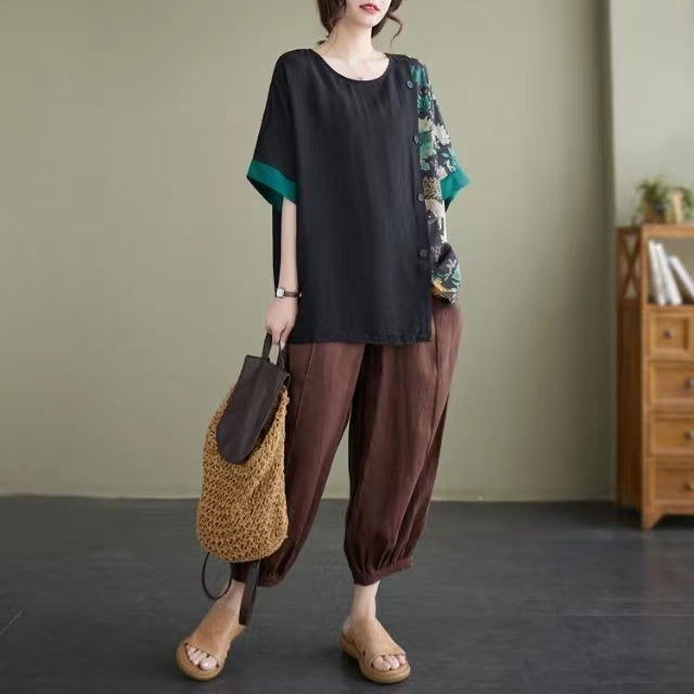 Loose Printed Spliced Short Sleeve T-Shirt Top