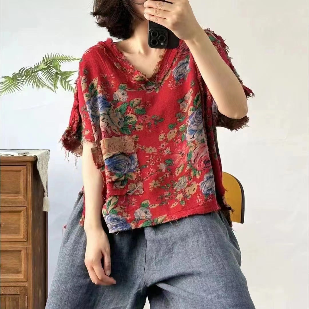 Vintage Casual Floral Print V-Neck Short Sleeve T-Shirt Top