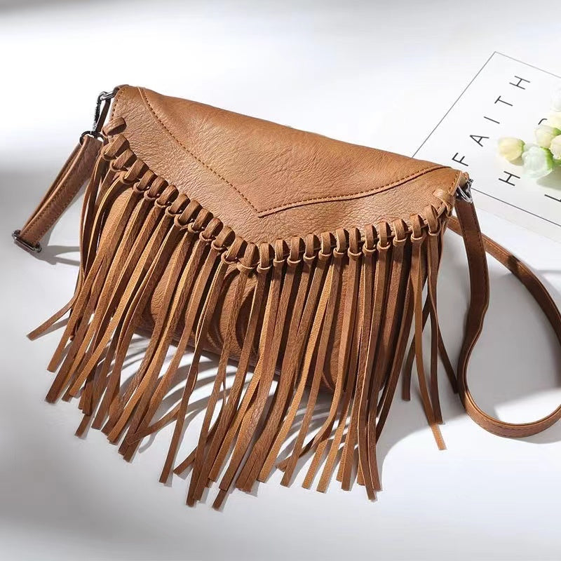 Dark Tone Leather Fringe Crossbody Bag