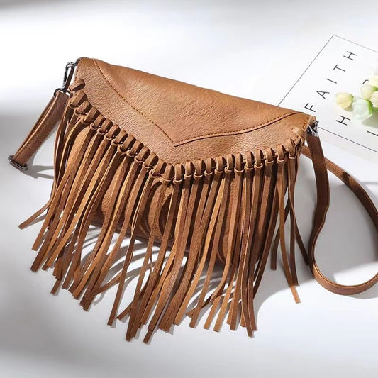 Dark Tone Leather Fringe Crossbody Bag