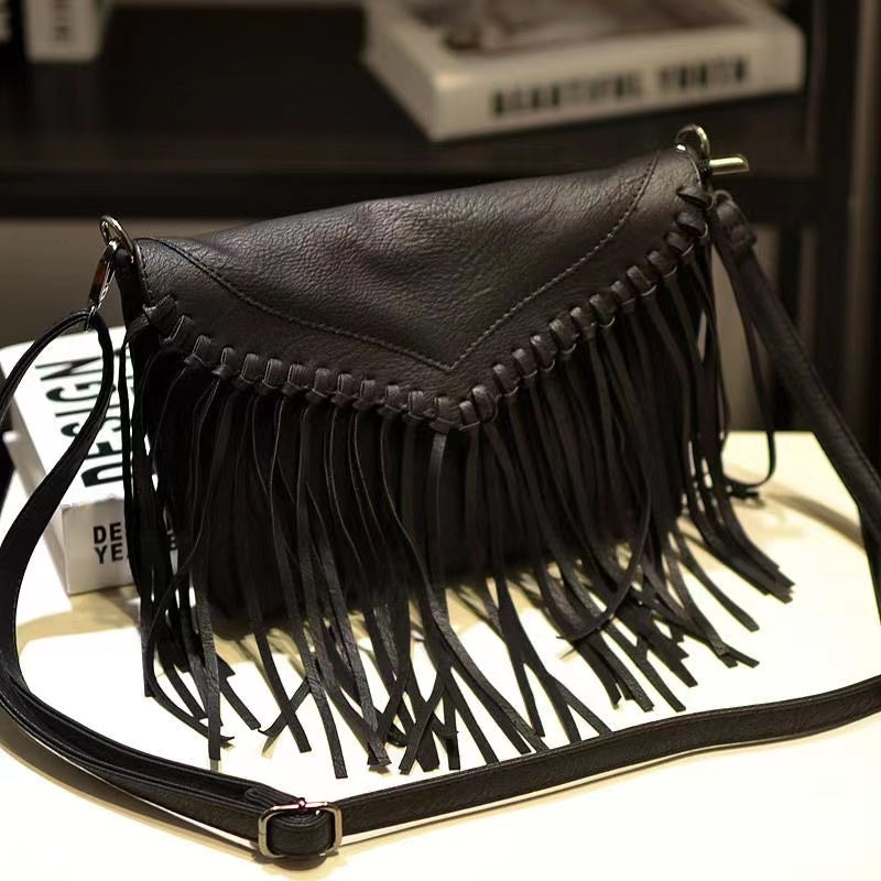 Dark Tone Leather Fringe Crossbody Bag