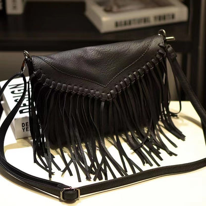 Dark Tone Leather Fringe Crossbody Bag