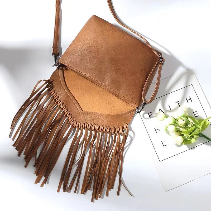 Dark Tone Leather Fringe Crossbody Bag
