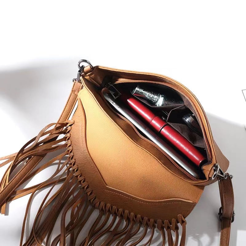 Dark Tone Leather Fringe Crossbody Bag