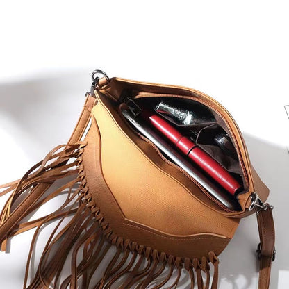 Dark Tone Leather Fringe Crossbody Bag