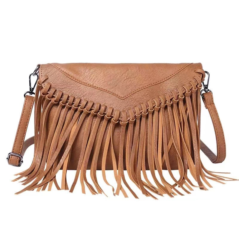 Dark Tone Leather Fringe Crossbody Bag