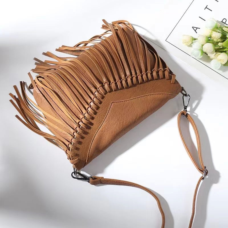 Dark Tone Leather Fringe Crossbody Bag