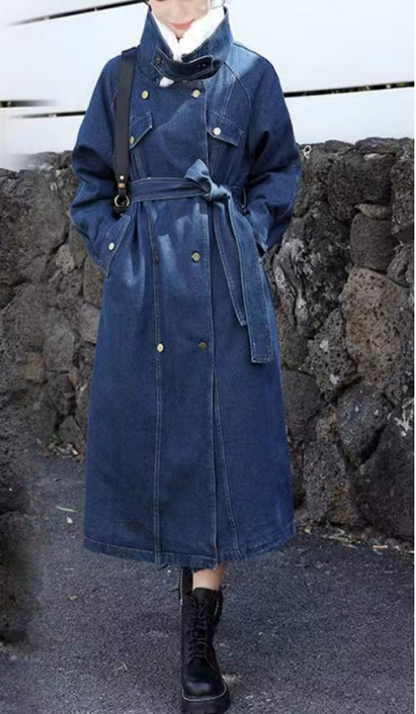French Navy Hair Collar Thickened Long Denim Jacket