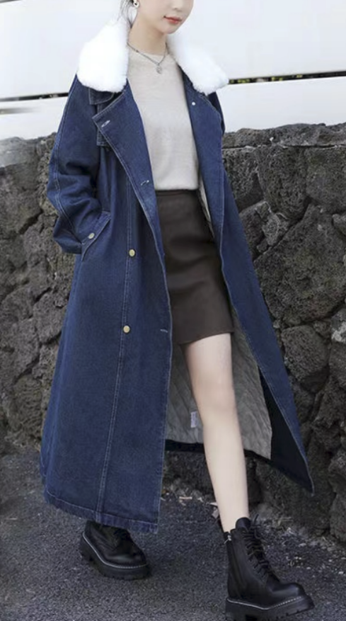 French Navy Hair Collar Thickened Long Denim Jacket