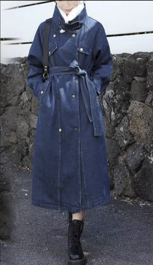 French Navy Hair Collar Thickened Long Denim Jacket