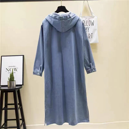 Hooded Drawstring Cardigan Long Denim Jacket