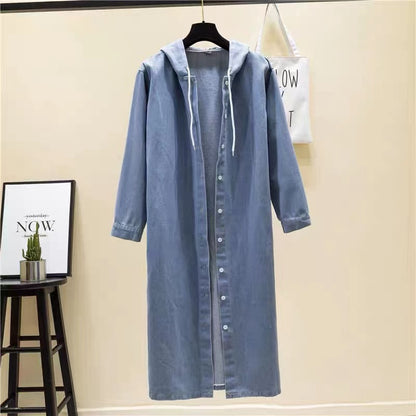 Hooded Drawstring Cardigan Long Denim Jacket