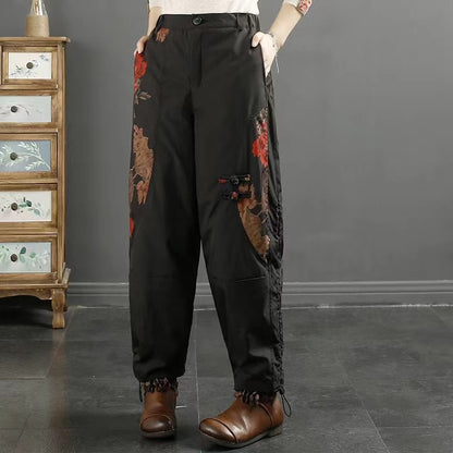 Vintage Patchwork Printed Down Down Drawstring Drawstring Winter Pants