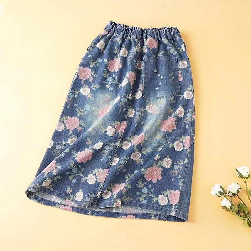 Printed Patchwork Elasticized Mid-Waist A-Line Denim Skirt