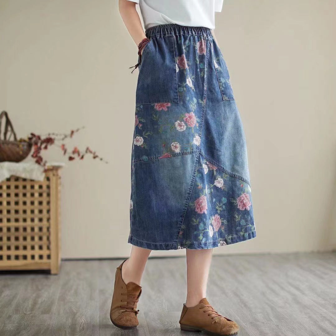 Printed Patchwork Elasticized Mid-Waist A-Line Denim Skirt