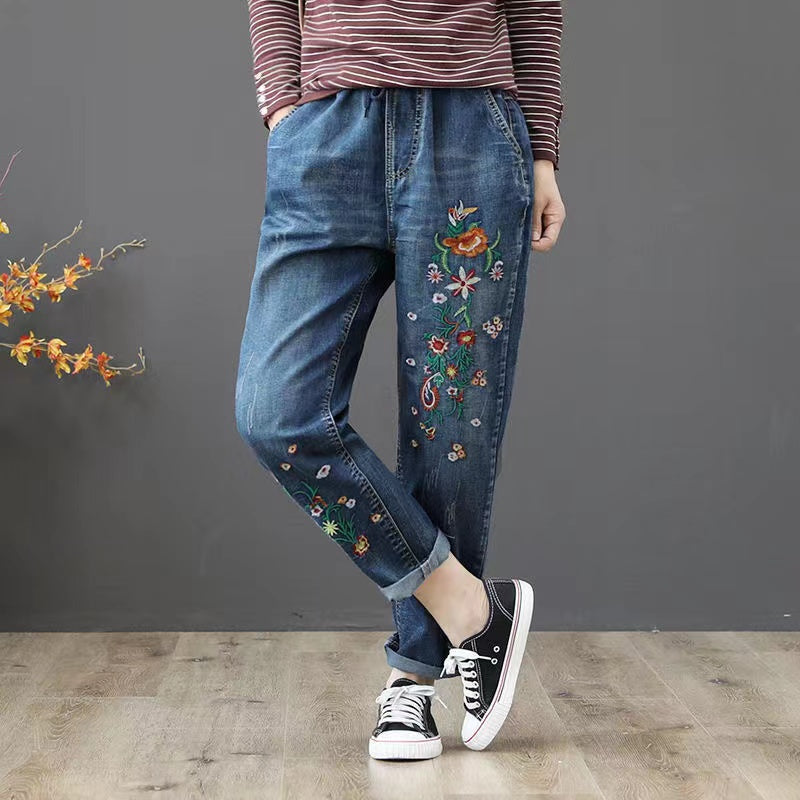 Vintage Embroidered Floral Elastic Waist Haren Jeans