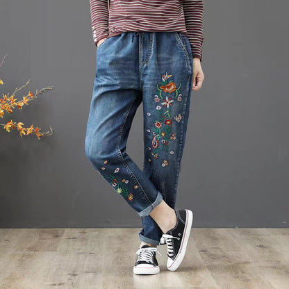 Vintage Embroidered Floral Elastic Waist Haren Jeans