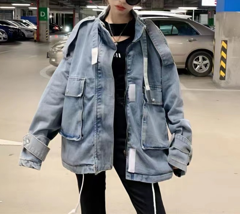Oversized Pocket Lace-Up Denim Jacket Blue