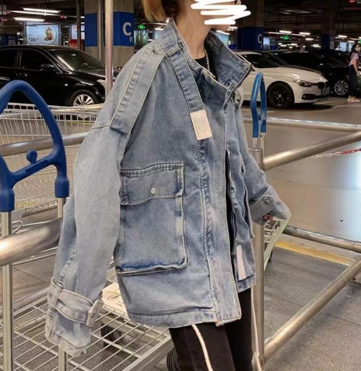 Oversized Pocket Lace-Up Denim Jacket Blue