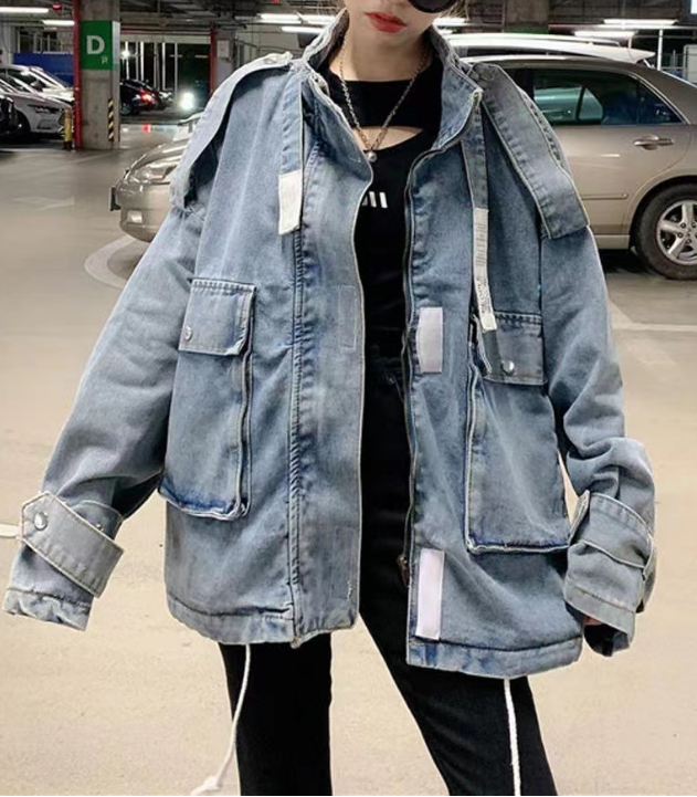Oversized Pocket Lace-Up Denim Jacket Blue