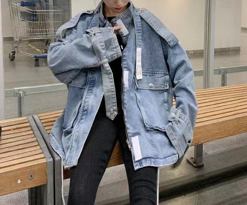 Oversized Pocket Lace-Up Denim Jacket Blue