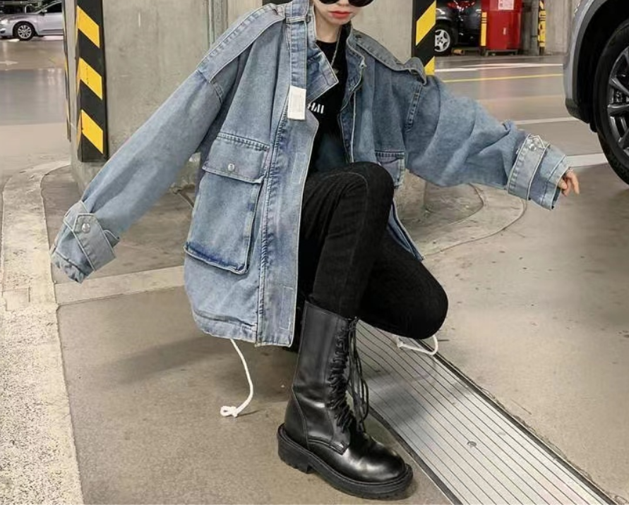 Oversized Pocket Lace-Up Denim Jacket Blue