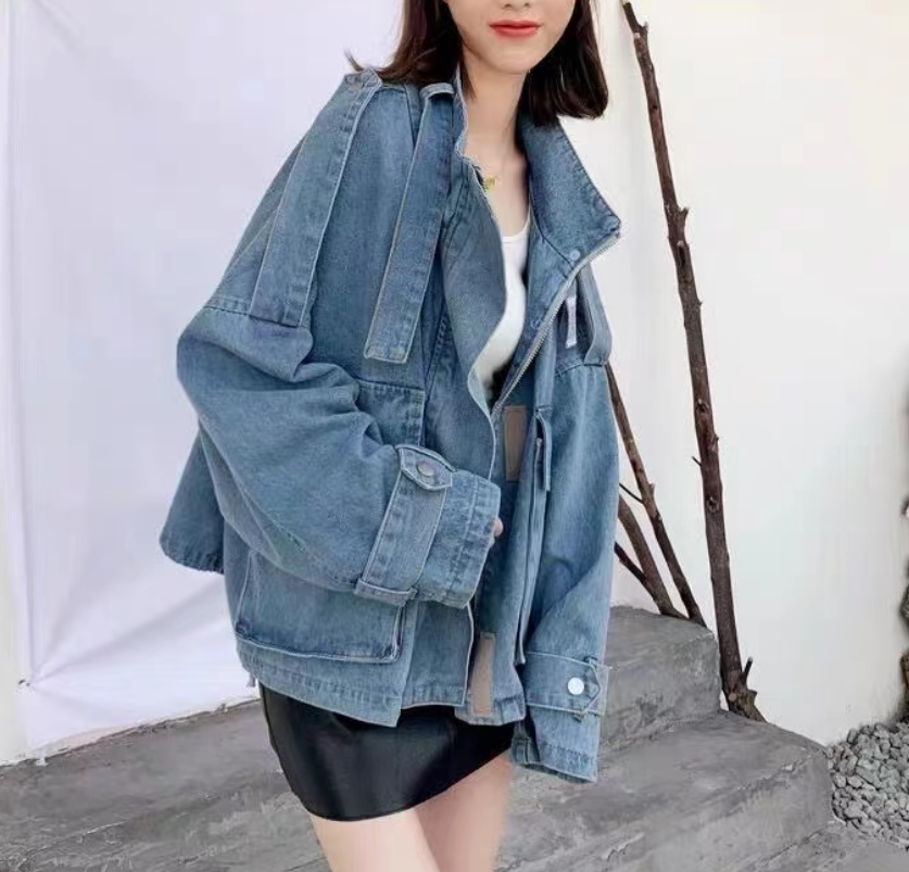 Casual Blue Oversized Pocket Lace Up Denim Jacket