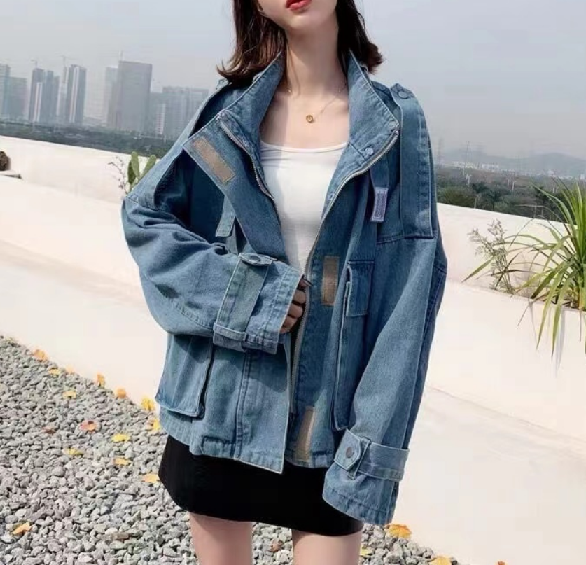Casual Blue Oversized Pocket Lace Up Denim Jacket