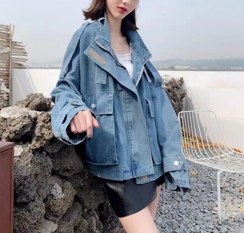 Casual Blue Oversized Pocket Lace Up Denim Jacket