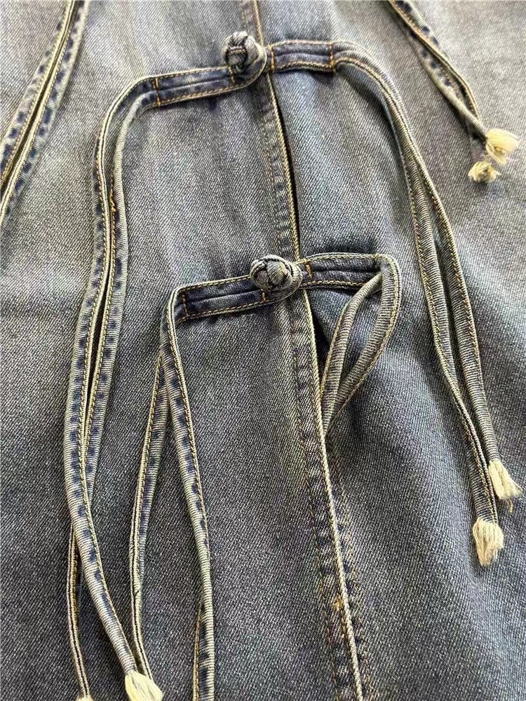 Fringed Chinese Buttoned Edge Worn Denim Jacket Blue