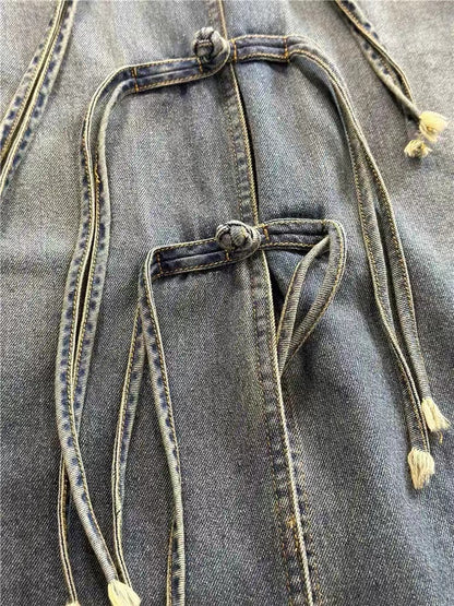 Fringed Chinese Buttoned Edge Worn Denim Jacket Blue