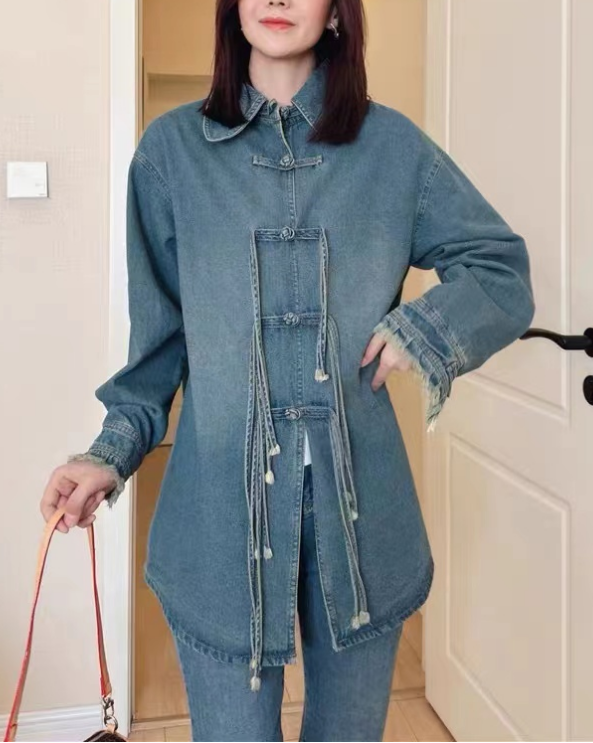 Fringed Chinese Buttoned Edge Worn Denim Jacket Blue