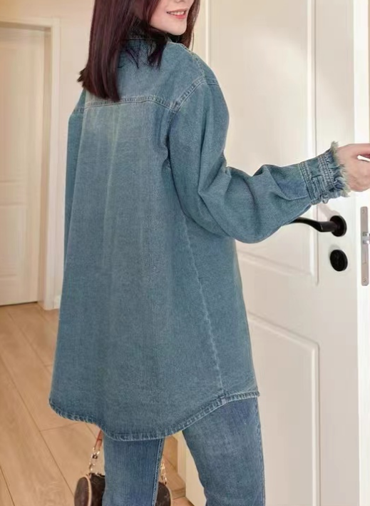 Fringed Chinese Buttoned Edge Worn Denim Jacket Blue