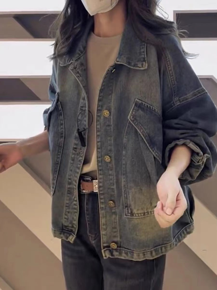 Plus Size Vintage Blue Oversized Pocket Denim Jacket
