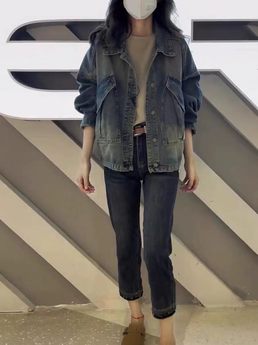 Plus Size Vintage Blue Oversized Pocket Denim Jacket
