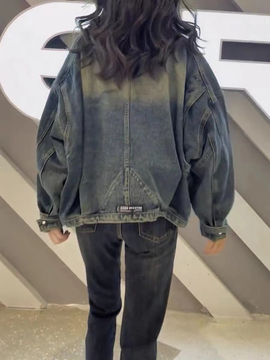 Plus Size Vintage Blue Oversized Pocket Denim Jacket