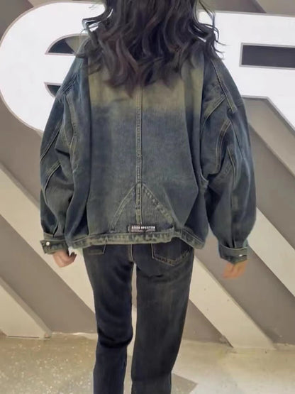 Plus Size Vintage Blue Oversized Pocket Denim Jacket