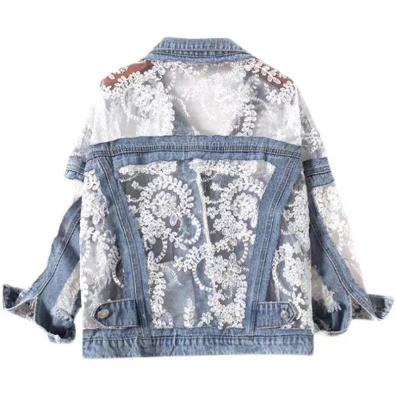 Lace Tulle Patchwork Denim Jacket Blue