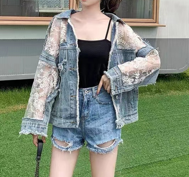 Lace Tulle Patchwork Denim Jacket Blue