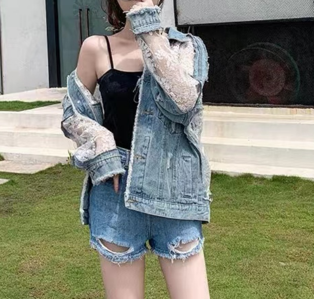 Lace Tulle Patchwork Denim Jacket Blue