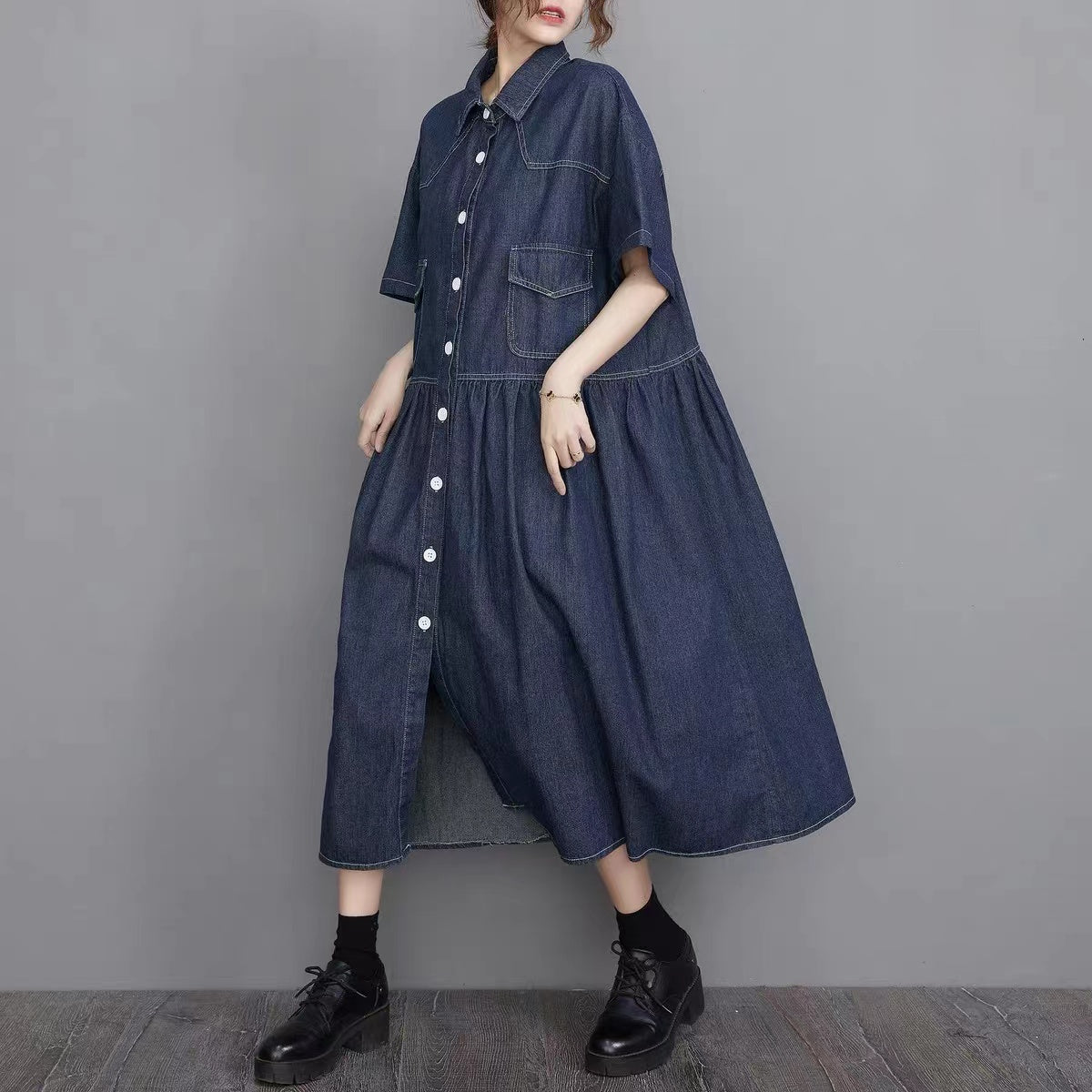 Plus Size Lapel Button Down Pleated Short Sleeve Denim Dress