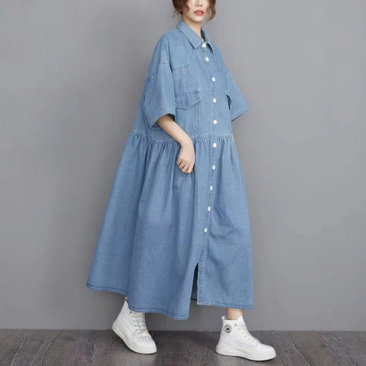 Plus Size Lapel Button Down Pleated Short Sleeve Denim Dress