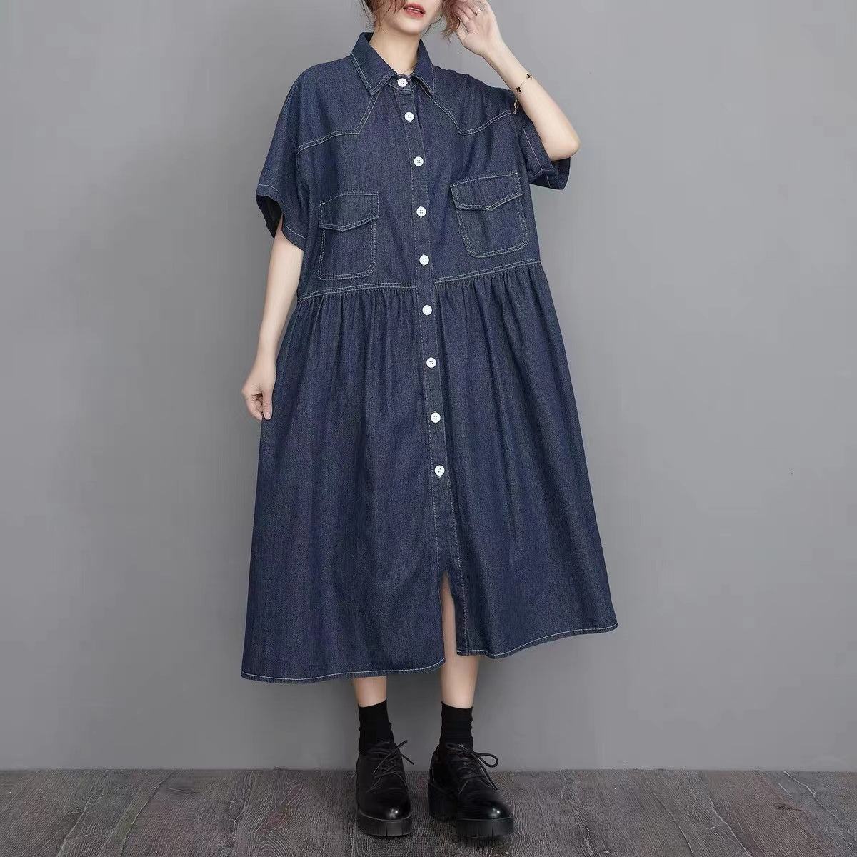 Plus Size Lapel Button Down Pleated Short Sleeve Denim Dress