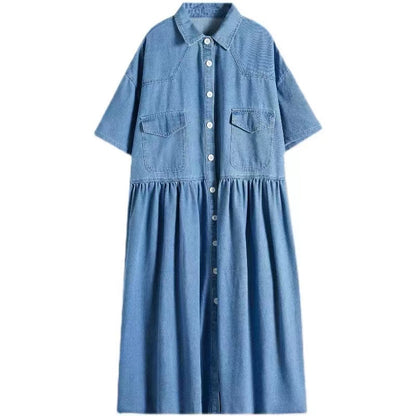 Plus Size Lapel Button Down Pleated Short Sleeve Denim Dress
