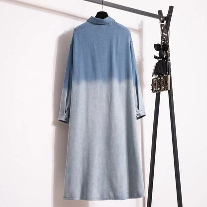 Plus Size Clashing Colours Lapel Button Up Long Sleeve Cardigan Denim Dress