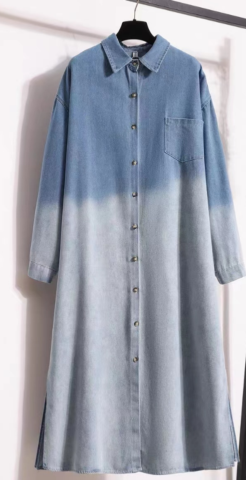 Plus Size Clashing Colours Lapel Button Up Long Sleeve Cardigan Denim Dress