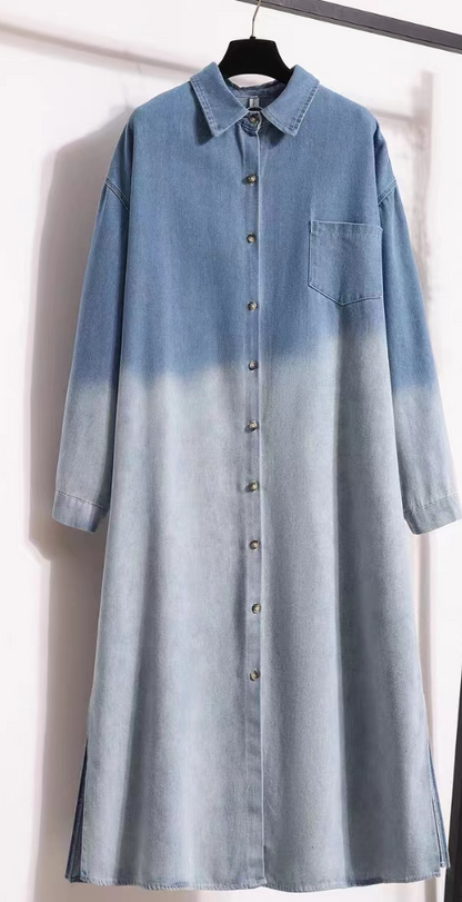 Plus Size Clashing Colours Lapel Button Up Long Sleeve Cardigan Denim Dress